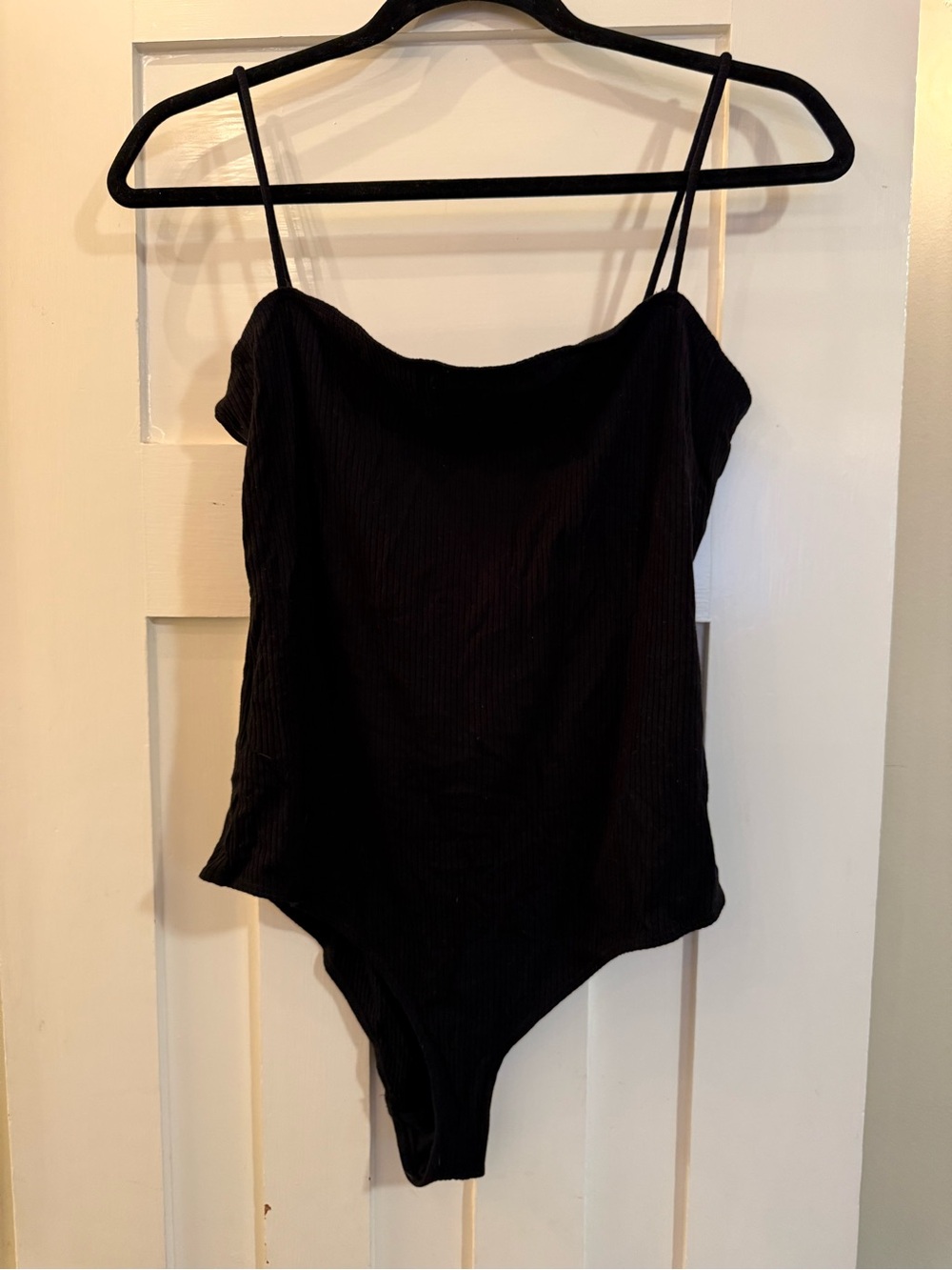 Reformation Black Ribbed Bandeau Bodysuit with Spaghetti Straps
